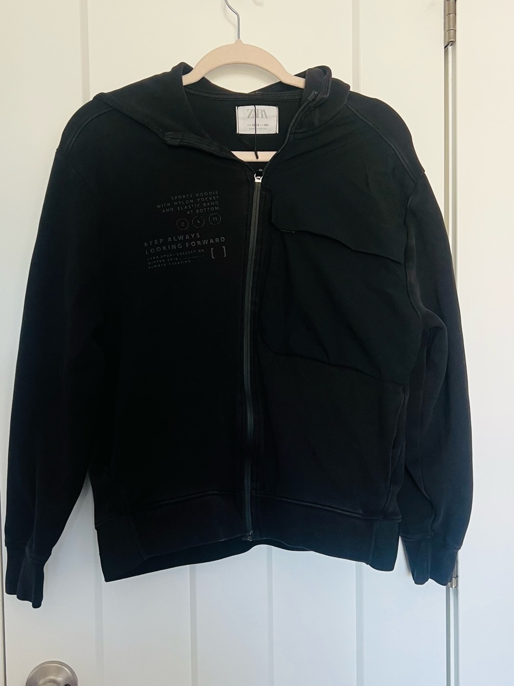 Zara Men's Black Hooded Zip Jacket with Pocket Panel
